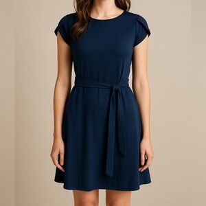 Manydress | NWT Navy Blue Cap Sleeve Belted Unlined Midi Dress Medium